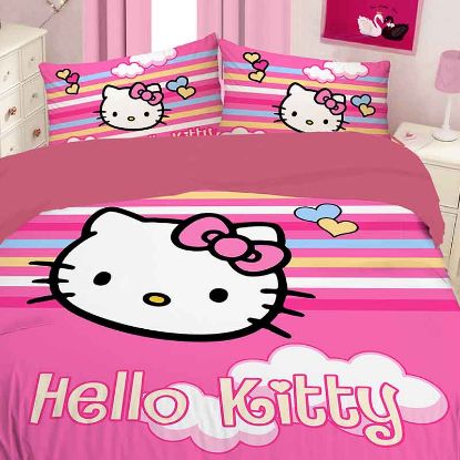 ست کاور يکنفره 3 تکه لوندر طرح hello kitty