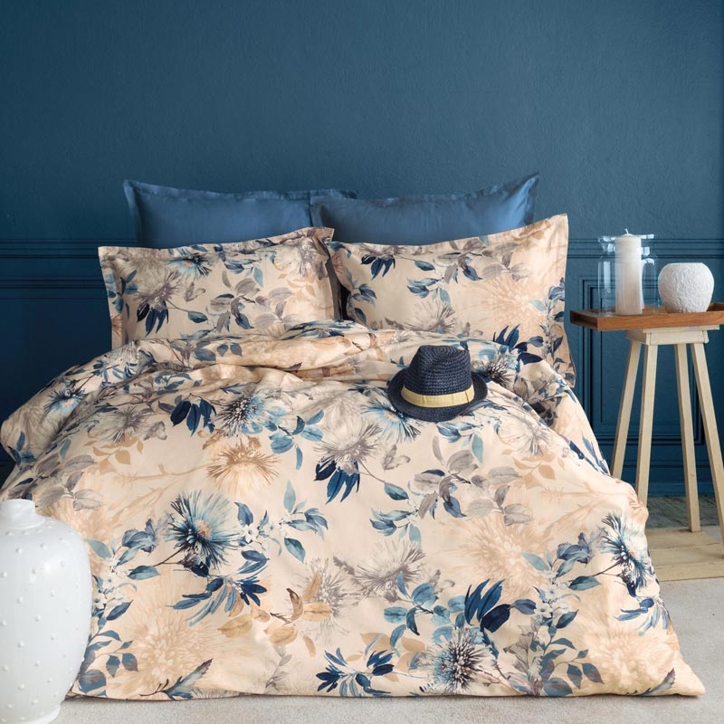 خرید کاور لحاف ۶ تکه نخ پنبه دونفره ورونیکا مدل sethe گلدار آبی کرمی | ورونیکا