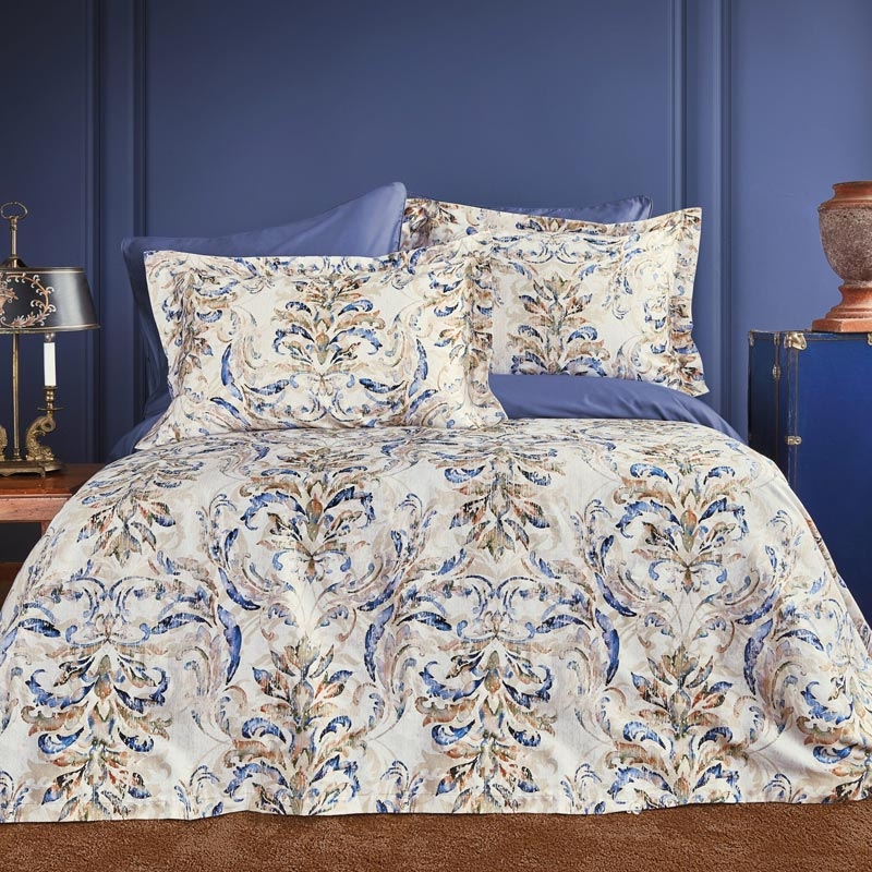 خریدکاور لحاف گلدار ۶ تکه دونفره ورونیکا مدل faguet کرم نیلی | ورونیکا