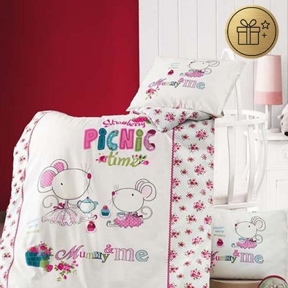 تصویر  روتختی نوزادی پنبه ای سفید صورتی ورونیکا طرح پیک نیک تایم