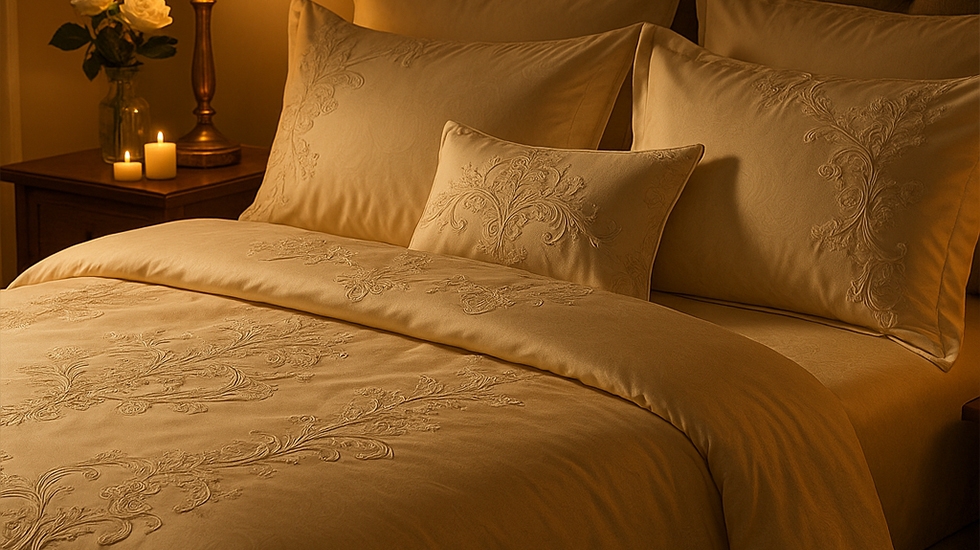 سرویس خواب عروس کرم طلایی لوکس و شیک ۱۰ تکه ورونیکا روتختی عروس کرم طلایی ژاکارد کلاسیک ورونیکا