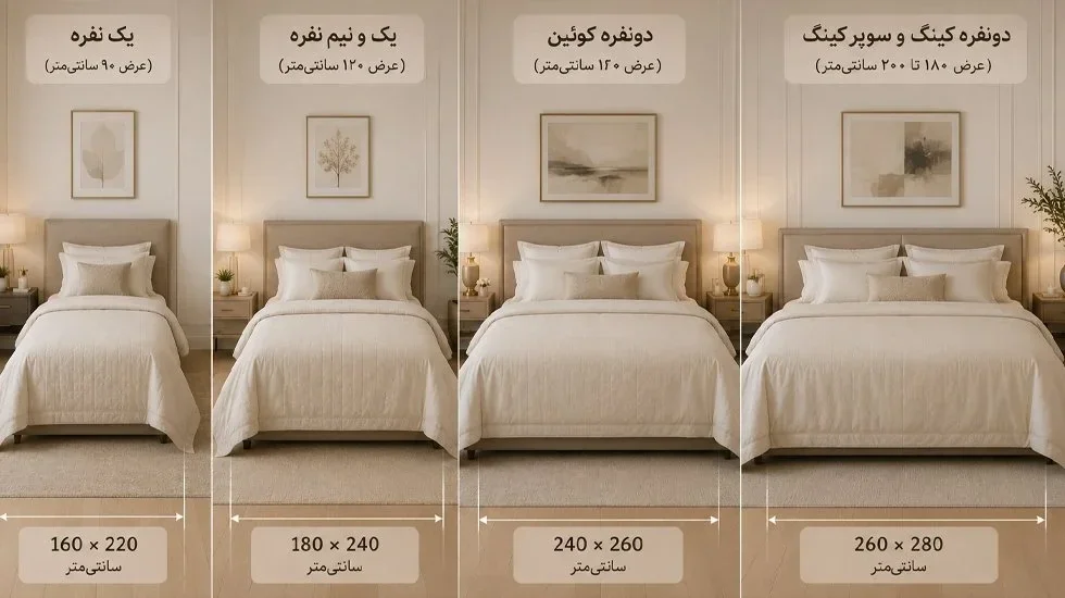 جدول مقایسه ابعاد روتختی کوتاه و بلند برای تخت‌های مختلف